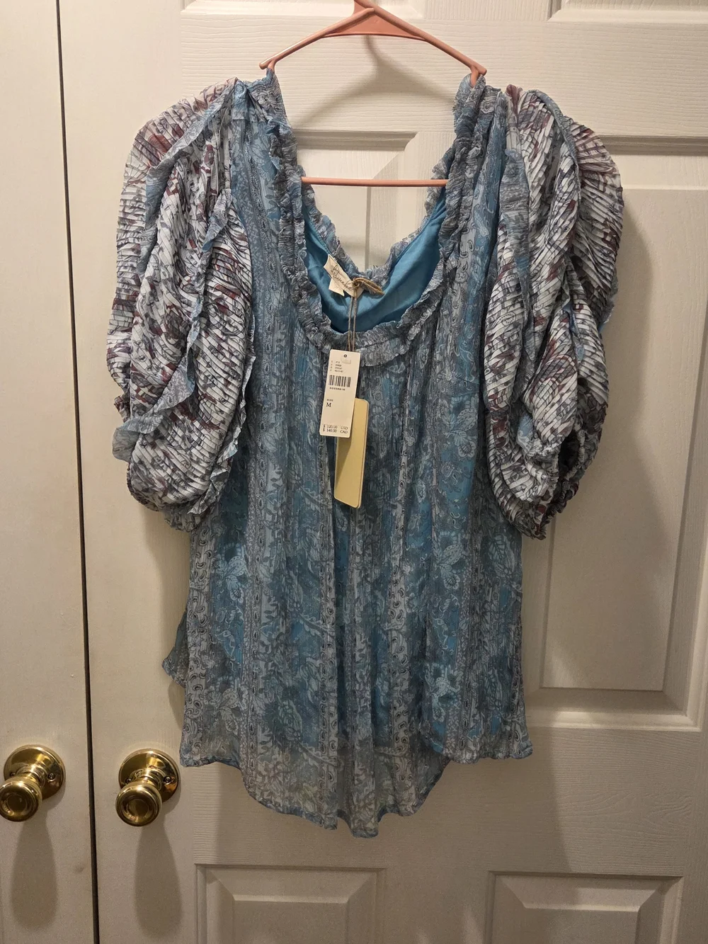 Anthropologie Light Blue Paisley Puff-Sleeve Blouse